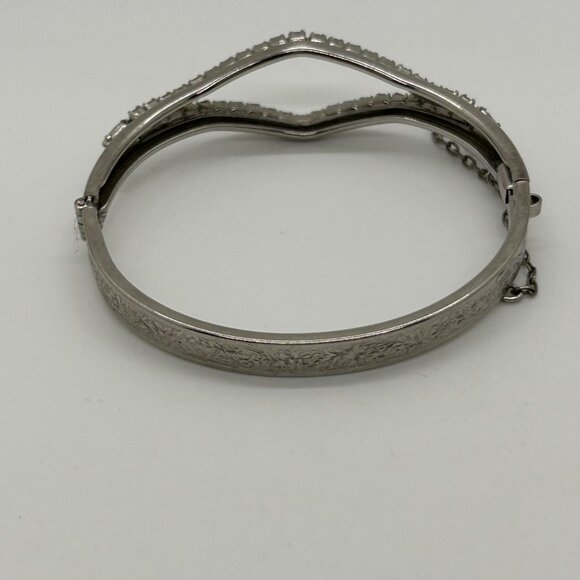 Vintage Silver-Tone Hinged Bangle Bracelet With Rhinestone Accents & Safety Chai - Picture 5 of 13